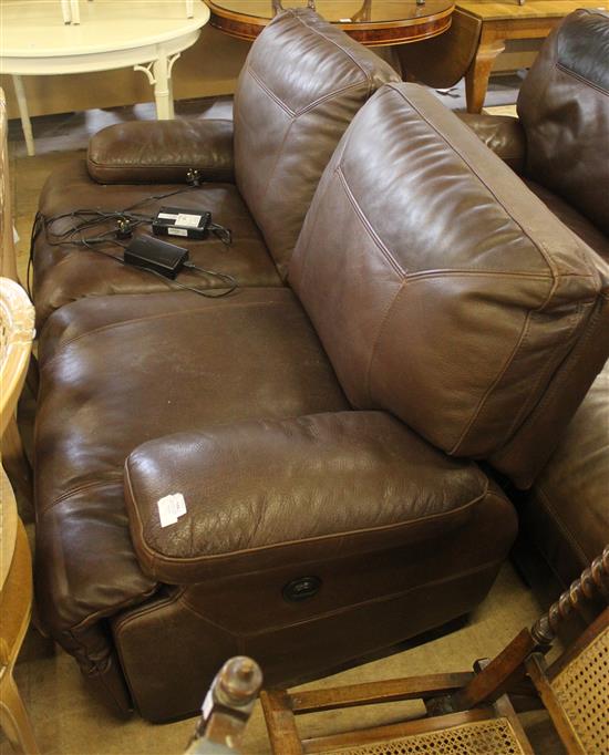 Two brown leather motorised recliner sofas